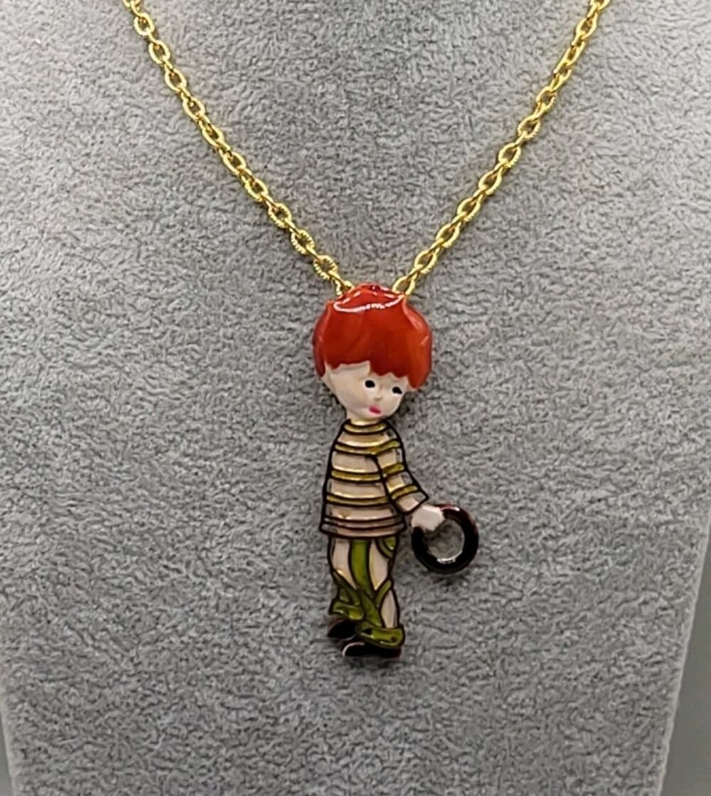 Rare Vintage Enamel Boy Pendant Necklace Gold Tone 24 in Chain Hard to Find